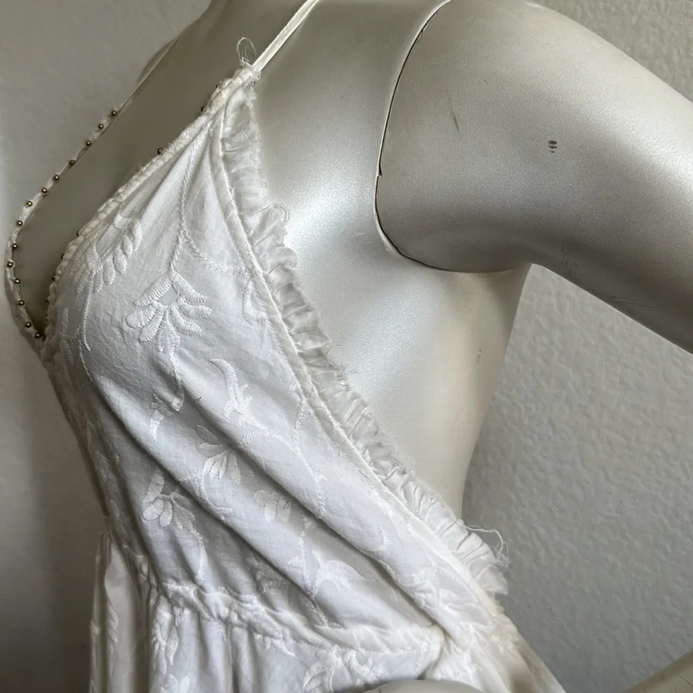 ZARA | Embroidered Open Back Halter Dress White Tassels Gold Beads Size Medium - Picture 8 of 12